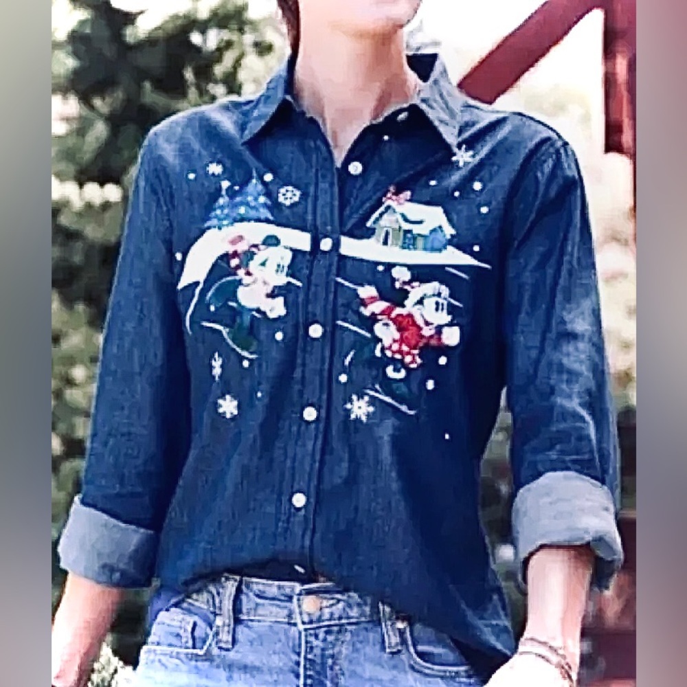 2021 Christmas Disney Mickey & Minnie  Theme Park Denim Button Long Sleeve Shirt